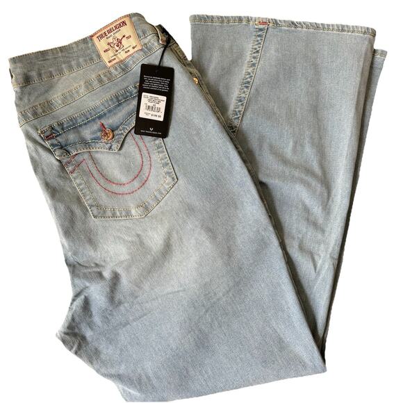 NWT TRUE RELIGION Joey Mid Rise Flap Flare Jeans Light Wash W42 - Picture 1 of 10